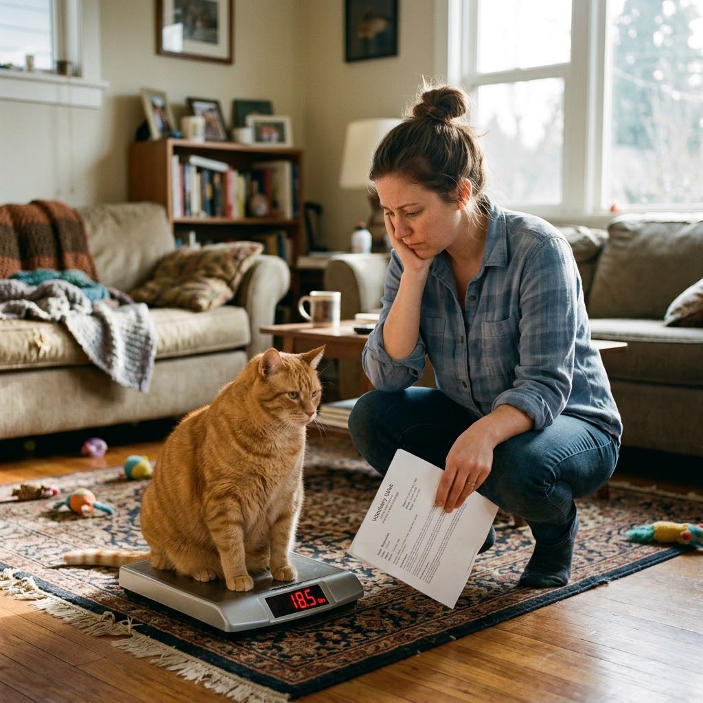 Inaccurate portions cause cat weight gain overweight cat on scale smart portion control feeder prevents obesity